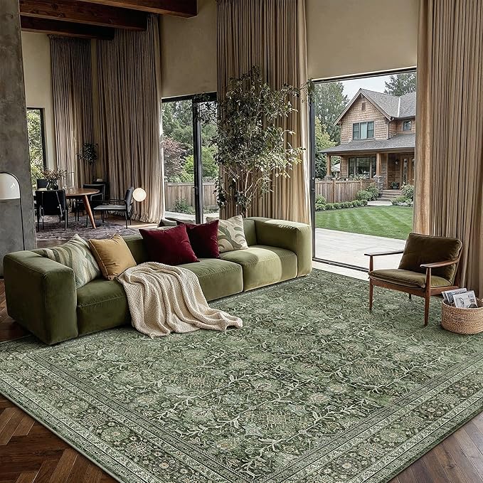 Area Rug 9x12 Green Washable Living Room Carpet Soft Non Slip Vintage Bedroom Indoor Office Traditional Retro Distressed Large Throw Rug for Dining Room Playroom
