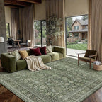 Area Rug 8x10 Green Washable Living Room Carpet Soft Non Slip Vintage Bedroom Indoor Office Traditional Retro Distressed Large Throw Rug for Dining Room Playroom