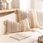 BlissBlush Decorative Throw Pillow Cover 20x20, Neutral Cream Boho Accent Pillowcase with Tufted Texture and Tassels, Beige Square Cushion for Sofa Couch Living Room (Cover Only)