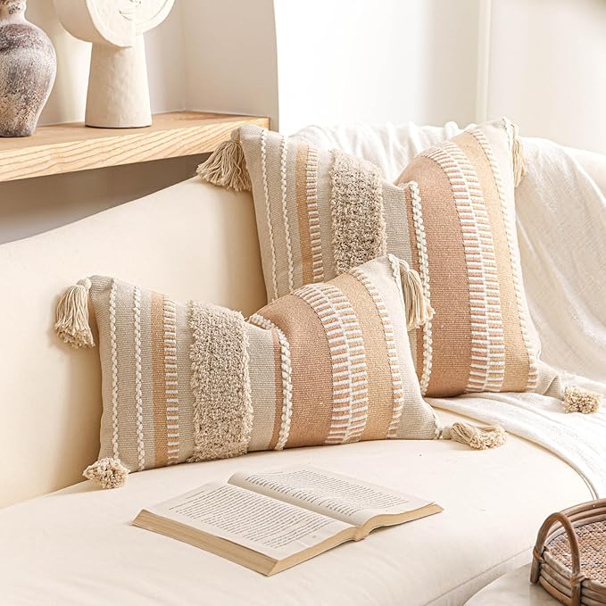 BlissBlush Decorative Lumbar Pillow Cover 12x20, Neutral Cream Boho Accent Pillowcase with Tufted Texture and Tassels, Beige Rectangular Cushion for Sofa Couch Living Room (Cover Only)