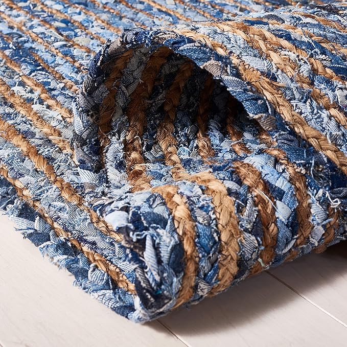 SAFAVIEH Area Rug 4' Round - Cape Cod Collection - Blue & Natural Brown, Handmade Jute & Cotton, Woven Braided Design (CAP202M)