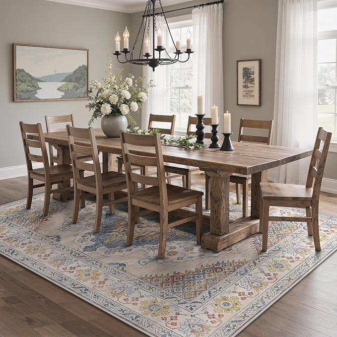 GENIMO 5x7 Area Rugs for Living Room, Machine Washable Non Slip Rugs, Low Pile Lightweight Print Rug for Bedroom, Dining Room, Home Office, Vintage Cream/Blue