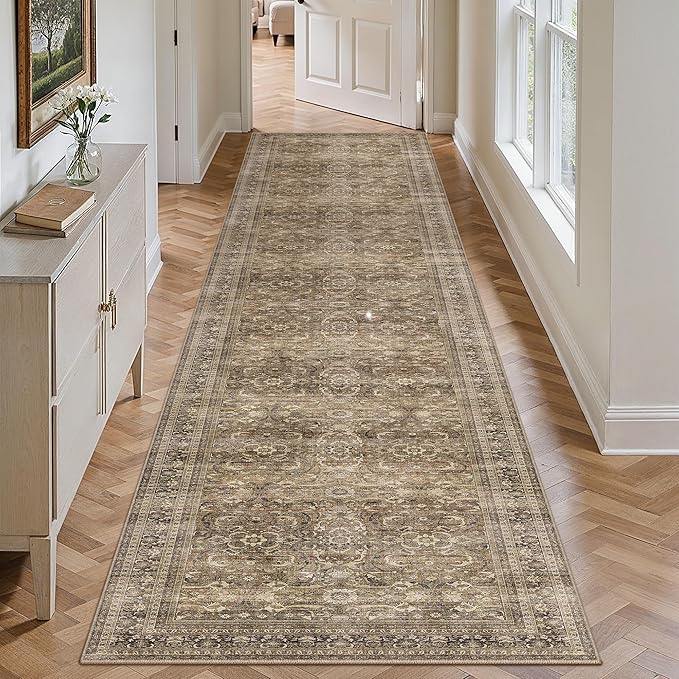 HUGEAR 2'6''x12' Runner Rug Hallway Vintage Brown Machine Washable Retro Floral Low Pile Carpet Distressed Long Throw Rug Bedroom Kitchen Laundry Non Slip Soft Lightweight