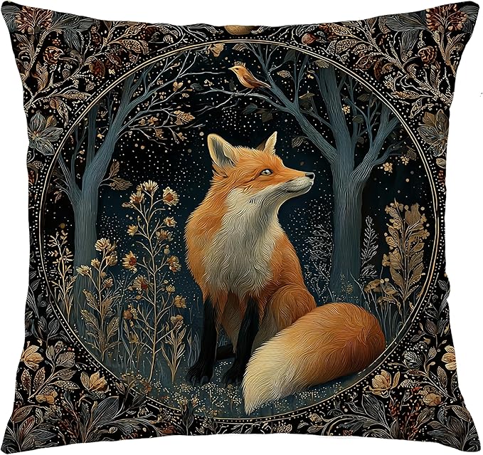 Dark Vintage William Morris Fox Floral Print Pillow Covers 18x18,Cottagecore Fox Decor,Dark Dcademia Animal Floral Decorative Throw Pillow Covers for Home Bedroom Living Room
