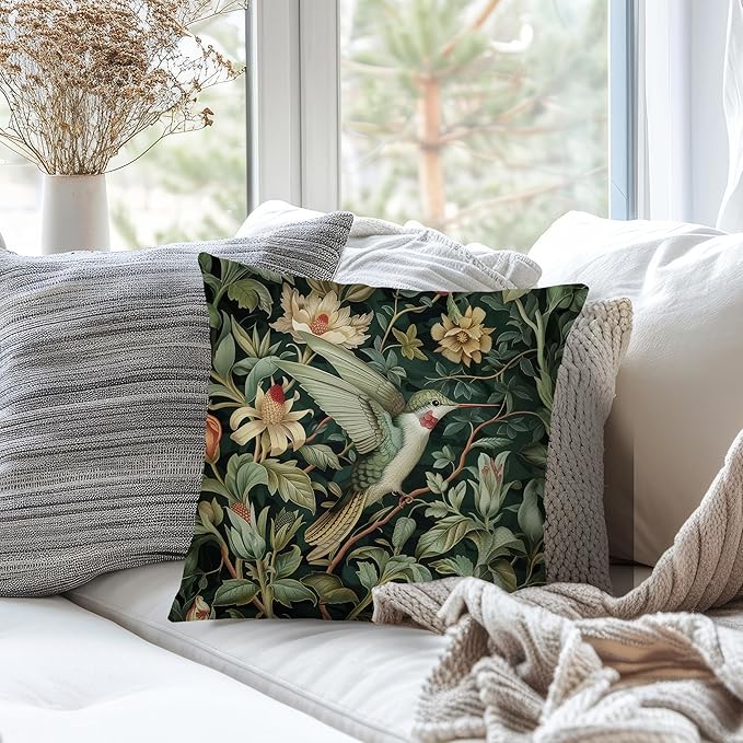 Vintage William Morris Hummingbird Pillow Cover 18x18,Rustic Green Hummingbird Bird Animal Floral Botanical Print Decorative Throw Pillow Covers for Home Bedroom Living Room