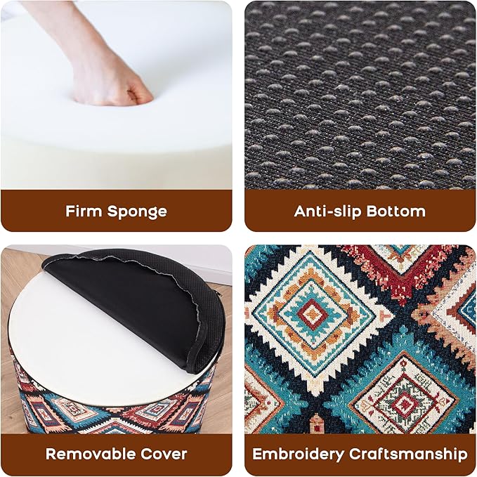 Pouf Ottoman Footrest Boho Embroidered Stuffed Round Pouf, 20" Tribal Geometric Accent Decor, Removable Cover & Firm Foam, Multifunctional, for Living Room Bedroom Vanity, Teal & Rust