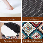 Pouf Ottoman Footrest Boho Embroidered Stuffed Round Pouf, 20" Tribal Geometric Accent Decor, Removable Cover & Firm Foam, Multifunctional, for Living Room Bedroom Vanity, Teal & Rust