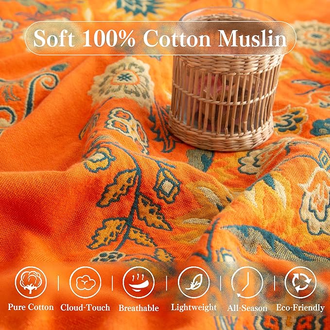 Boho Throw Blanket Throw Size, Soft Cozy Cotton Muslin Quilt Blanket for Bed Decor, Bird Patterned Couch Sofa Chair Cover, Vintage Farmhouse Cottage Tapestry Woven Blanket, Orange&Green