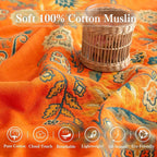 Boho Throw Blanket Queen Size, Oversized Soft Cozy Cotton Muslin Quilt Blanket for Bed Decor, Floral Patterned Couch Sofa Chair Cover, Vintage Farmhouse Cottage Woven Blanket, Orange&Green