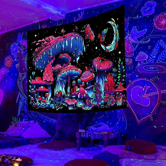 TUGCAY Blacklight Mushroom Tapestry, Glow In The Dark Tapestry Black Light Plant Fantasy UV Reactive Mushroom Butterfly Moon Tapestries Posters Wall Hanging for Bedroom Dorm Decor(60"x80")