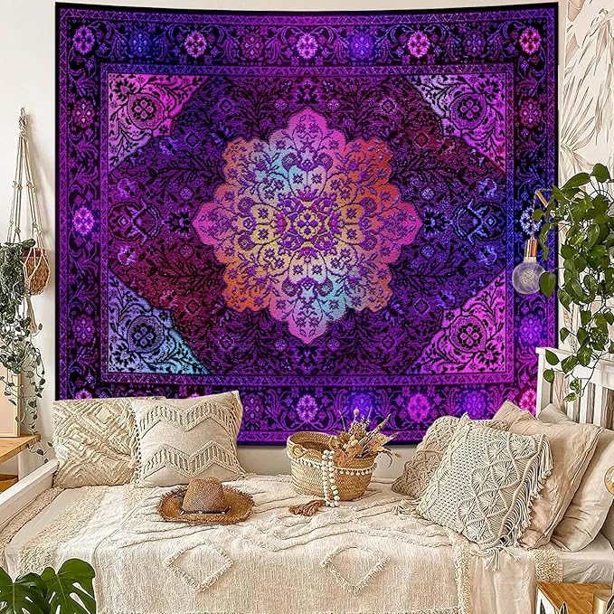 Apdidl Blacklight Boho Mandala Hippie Wall Tapestry for Bedroom, Glow in The Dark Neon Indian Bohemian Floral Tapestries Blanket Art Decor, UV Reactive Purple Wall Hanging for Living Room Dorm 51" X 60"
