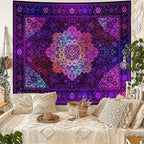 Apdidl Blacklight Boho Mandala Hippie Wall Tapestry for Bedroom, Glow in The Dark Neon Indian Bohemian Floral Tapestries Blanket Art Decor, UV Reactive Purple Wall Hanging for Living Room Dorm 51" X 60"