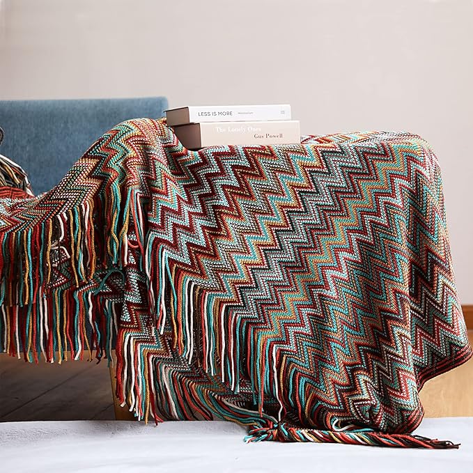 Bohemian Boho Throw Blankets, Knitted with Tassel, Outdoor Reversible Soft Cozy Lightweight Throw Blankets, Couch Bed Sofa Decorative Afghan Throw Blanket All Seasons Red 50x60 inches