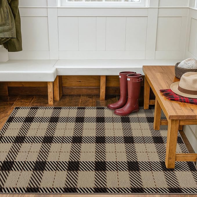 Washable Plaid Indoor Outdoor Rug 3x5 for Front Porch, Entryway, Patio, No Shed Easy Jute Non Slip TPR Backing Area Rug for Large Kitchen, Farmhouse Black & Tan Checkered Seegrass Aesthetic