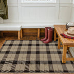 Washable Plaid Indoor Outdoor Rug 3x5 for Front Porch, Entryway, Patio, No Shed Easy Jute Non Slip TPR Backing Area Rug for Large Kitchen, Farmhouse Black & Tan Checkered Seegrass Aesthetic