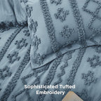 Bedsure Tufted Boho Comforter Set Queen Size - Dusty Blue Boho Bed Set, GentleSoft™ 3 Pieces Farmhouse Shabby Chic Embroidery Bedding, Gifts for Woman, Soft Jacquard Queen Comforter for All Seasons