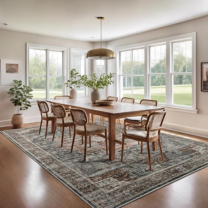 8x10 Area Rugs for Living Room, Vintage Washable Rug with Non-Slip Backing, Stain Resistant Large Area Rug for Dining Room, Soft Rugs for Bedroom (Grey/Brown/Tan, 8'x10')