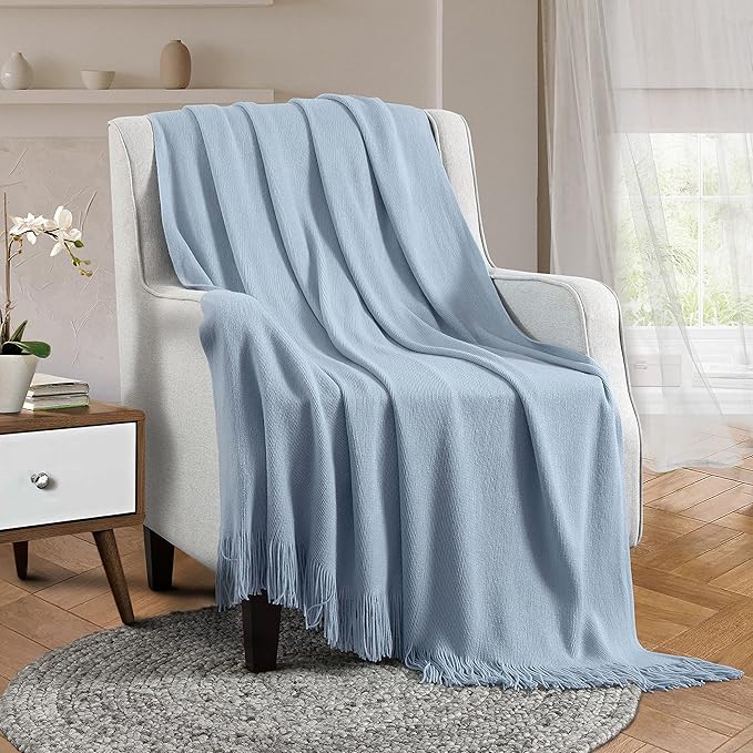 Vonty Light Blue Knitted Blanket with Tassels Fringe 50" x 60", Super Soft Knit Throw Blanket, Farmhouse Decorative Lightweight Blanket for Couch, Bed, Sofa