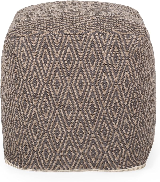 GDFStudio Boho Handmade Fabric Cube Pouf Ottoman Foot Stool - Bean Bag Floor Chair - Foot Rest Couch for Living Room Bedroom,Dark Gray and Brown,15"" x 15"" x 15"", Sovereig,brown Beige Yellow