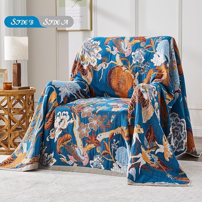 Boho Blanket Soft Muslin BohoThrow Blanket, 100% Cotton Floral Printed Farmhouse Decor All Season Reversible Rustic Throw for Sofa Couch Chair (Beige, 60"x80")