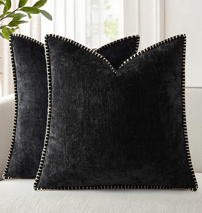 decorUhome Chenille Soft Cozy Throw Pillow Covers 24x24 Set of 2, Modern Farmhouse Boho Velvet Decorative Euro Sham Pillow Cases with Stitched Edge for Couch Sofa Bed Home Decor, Black