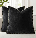 decorUhome Chenille Soft Cozy Throw Pillow Covers 20x20 Set of 2, Modern Farmhouse Boho Velvet Decorative Pillow Cases with Stitched Edge for Couch Sofa Bed Home Decor, Black