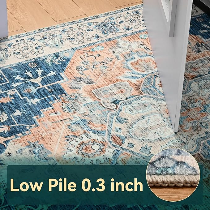 YJ.GWL Area Rugs for Living Room 9x12 Machine Washable Rugs, Non Slip Floral Vintage Rug Indoor Carpet, Stain Resistant Large Rug for Bedroom Dining Room, Dark Blue