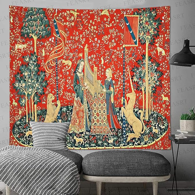 FEASRT European Royal Unicorn with Lion Tapestry, Maiden and Lady, Large 100x90 Inches Soft Flannelette, for Bedroom Living Room Dorm