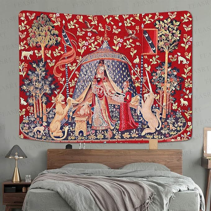 FEASRT European Medieval Royal Tapestry Maiden and Unicorn Tapestry Lady Tapestry, 60x40 Inches Soft Flannelette, for Medieval Art Collection of Decorative Wall Tapestry