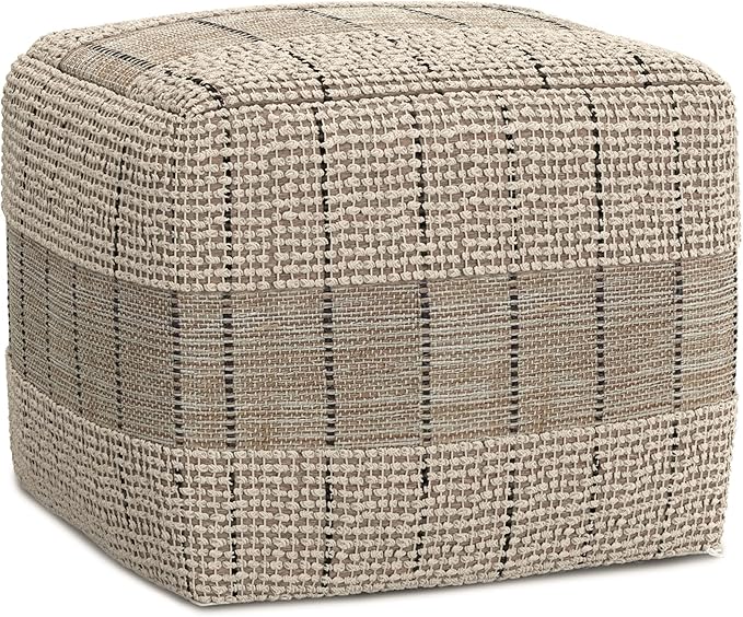 SIMPLIHOME Elmer Square Pouf - 18 inch Wide Handwoven Jute and Cotton Ottoman in Natural and Grey, Contemporary Footstool or Extra Seating for Living Room, Bedroom, or Kids Room, Assembled