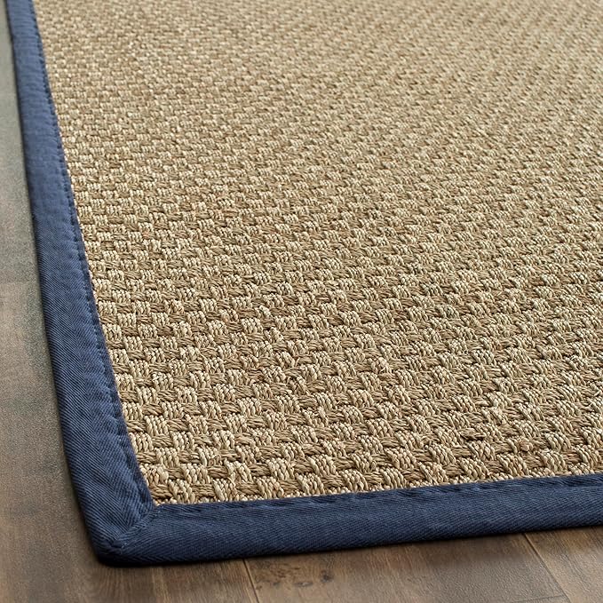 SAFAVIEH Natural Fiber Collection Runner Rug - 2'6" x 12', Natural & Blue, Seagrass, Basketweave Pattern with Border (NF114E)