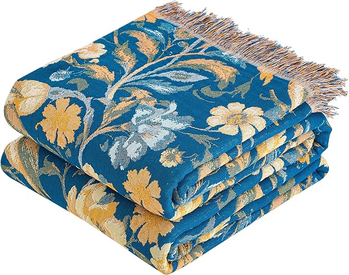 Boho Throw Blanket, 100% Organic Cotton Breathable Ultra Soft 50" x 60" Bed Quilt Blue Throw - All Season Bird Floral Rustic Farmhouse Decor Reversible Blanket for Couch Chair and Gift