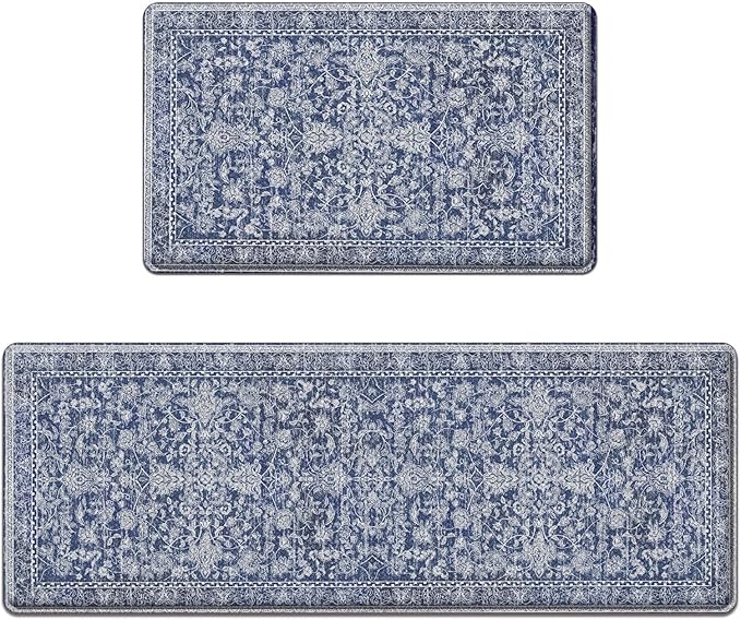 Arttown Kitchen Mats for Floor 2Pcs-Anti Fatigue Non Slip Mats for Kitchen Floor, Cushioned Waterproof & Stain-Resistant Boho Stripe Floral Mat Set, Laundry Room, Office, Sink, Desk (Blue)