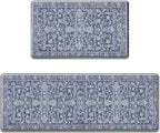 Arttown Kitchen Mats for Floor 2Pcs-Anti Fatigue Non Slip Mats for Kitchen Floor, Cushioned Waterproof & Stain-Resistant Boho Stripe Floral Mat Set, Laundry Room, Office, Sink, Desk (Blue)
