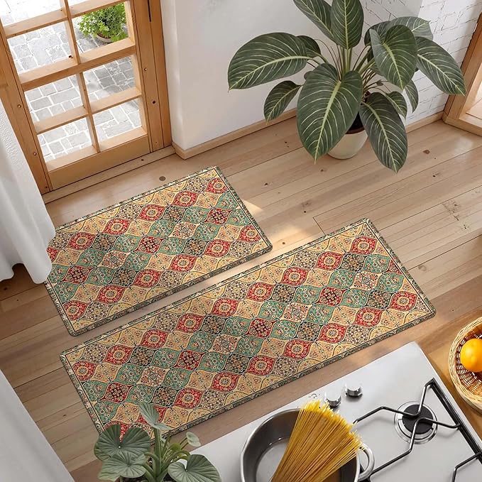 Moroccan Kitchen Rug Mats for Floor Cushioned Anti Fatigue Boho Vintage Kitchen Rugs Sets of 2 Red Yellow Non Slip Waterproof Comfort Memory Foam Standing Floor Mat for Laundry Sink Desk