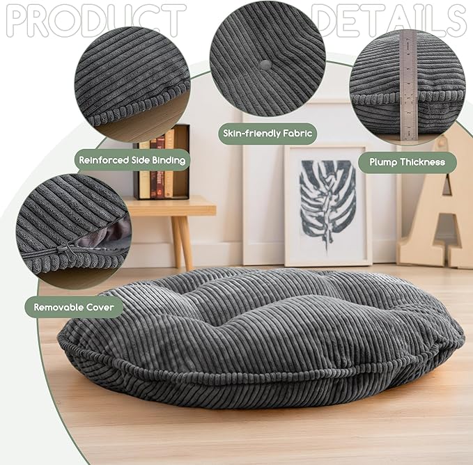 35" Washable Floor Pillow Cushion for Adults, Meditation Cushion Pillow, Extra Large Round Floor Sitting, Removable Tufted Corduroy Cover, for Tatami Living Room or Yoga, Dark Grey, Machine Washable