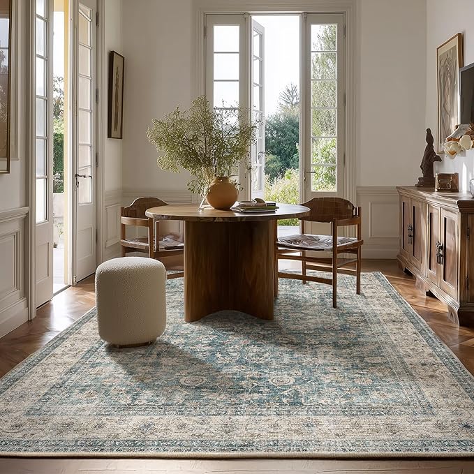 Machine Washable Living Room Rug: 6x9 Area Rugs for Bedroom Vintage Stain Resistant Non Slip Low Pile Lightweight Boho Carpet for Kitchen Dining Room Farmhouse Kids Room Nursery