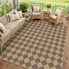 8x10 Checkered Easy Jute Area Rug for Living Room Large Checkerboard Washable Indoor Outdoor Carpet Farmhouse Patio Office Mat Geometric Non Slip Brown Carpet for Backyard Dining Room