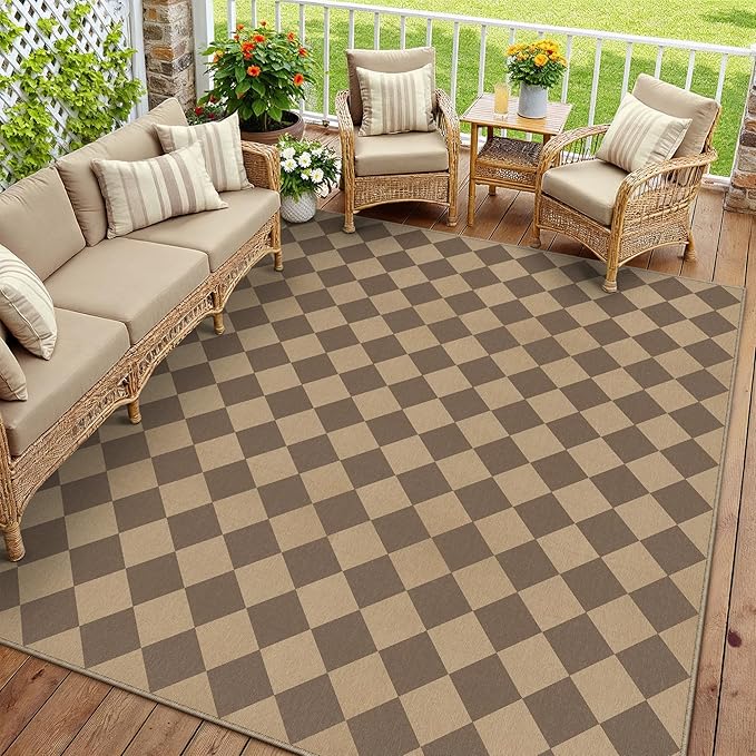 8x10 Checkered Easy Jute Area Rug for Living Room Large Checkerboard Washable Indoor Outdoor Carpet Farmhouse Patio Office Mat Geometric Non Slip Brown Carpet for Backyard Dining Room