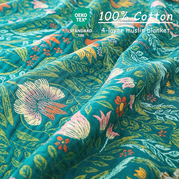 Boho Throw Blanket - 50"x60" 100% Cotton Soft Breathable Lightweight Bed Blanket, Reversible Muslin Spring Blankets Green Floral Farmhouse Decor Rustic Quilt for Bed Couch
