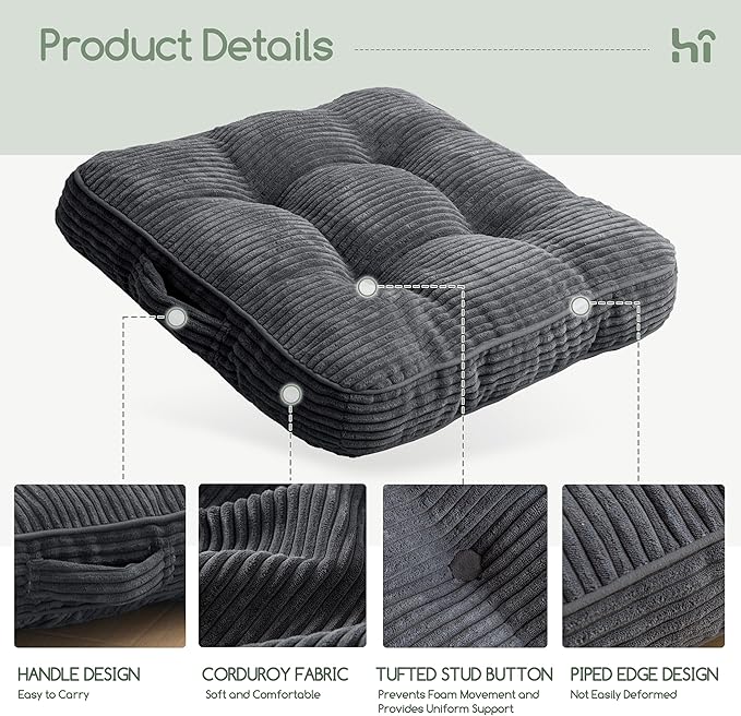 HIGOGOGO Floor Pillow Cushion for Adults, Meditation Cushion Pillow, Large Square Floor Sitting, Tufted Corduroy Cover, for Tatami Living Room or Yoga, 22x22 Inch, Dark Grey