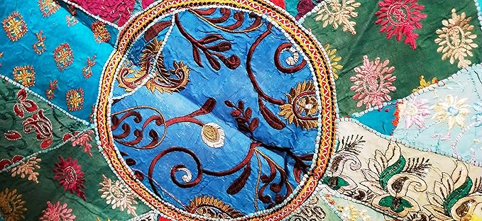 Indian Handmade Patchwork Codework Turquoise Pouf Cover Ottoman Round Floor Pillow Cushion Seating Throw Decorative Pom Pom Pillow Cases Bohemian 32 Inches