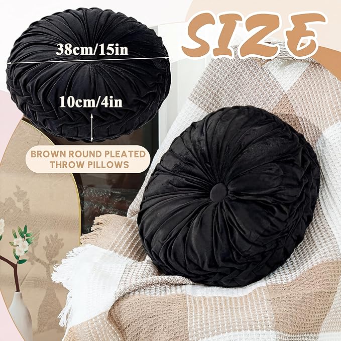 Round Throw Pillows Decorative Pleated Throw Pillows 15'' Diameter Accent Pumpkin Boho Chair Cushion for Couch Sofa Home Decoration(Black,1 Pcs)