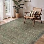GENIMO 9x12 Area Rugs for Living Room, Machine Washable Non Slip Vintage Rugs, Low Pile Lightweight Chenille Print Rug for Bedroom, Dining Room, Home Office, Muted Green