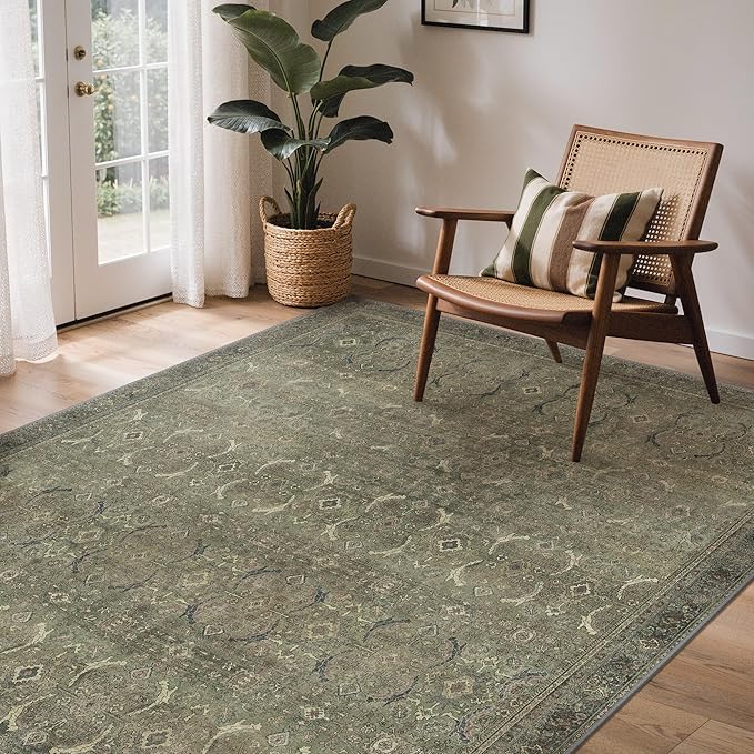 GENIMO 8x10 Area Rugs for Living Room, Machine Washable Non Slip Vintage Rugs, Low Pile Lightweight Chenille Print Rug for Bedroom, Dining Room, Home Office, Muted Green