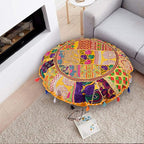 Rajasthani Handmade Colorful Decorative Floor Pillow Cover Meditation Patchwork Patchwork Cushion Seating Accent Boho Chic Indian Handmade Cover ONLY (Yellow, 32X32 Inches)