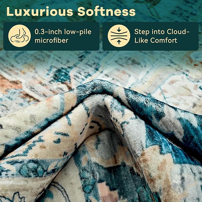 YJ.GWL Area Rugs for Living Room 9x12 Machine Washable Rugs, Non Slip Floral Vintage Rug Indoor Carpet, Stain Resistant Large Rug for Bedroom Dining Room, Dark Blue