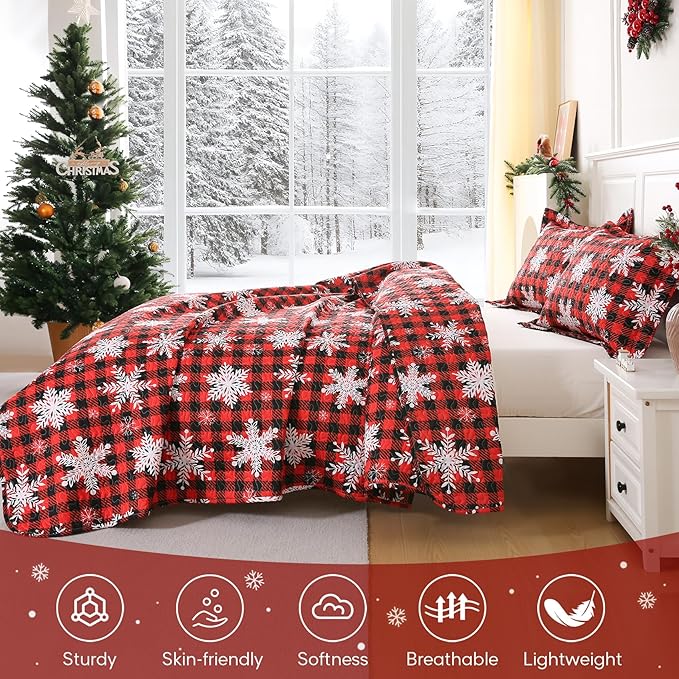 JSD Christmas Quilt Set Full/Queen, Red Buffalo Plaid Snowflakes Bedspreads, 3 Piece Microfiber Coverlet Quilted Blanket with Pillow Shams