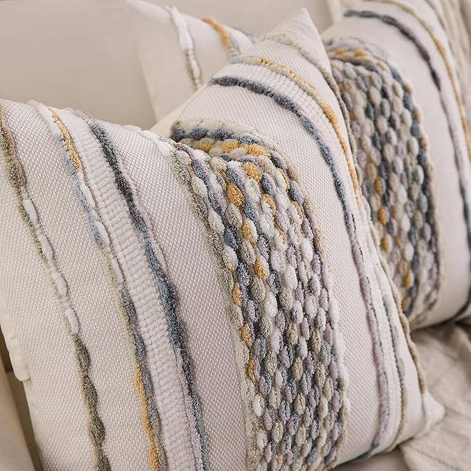 Boho Striped Throw Pillow Covers 18x18 Inch Set of 2 Farmhouse Square Decorative Pillow Covers Chenille Tufted Accent Neutral Pillowcase Grey Blue Cushion Cover for Living Room Couch Sofa Bed