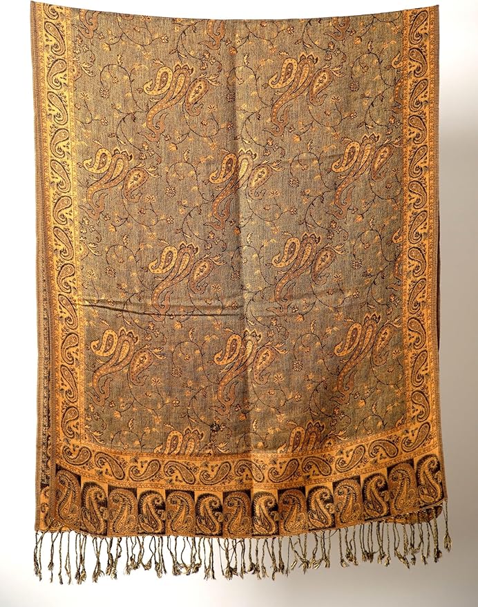 Achillea Reversible Paisley Pashmina Rave Scarf – Exotic Indian Shawls and Wraps for Evening Dresses, Festivals, All Seasons